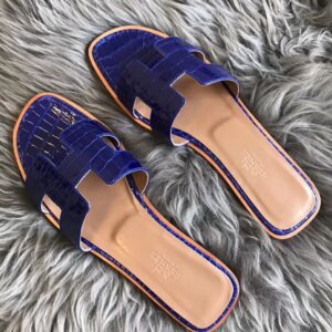 Hermes Oran Slide Sandals In Blue Electric Shiny Niloticus Crocodile Skin
