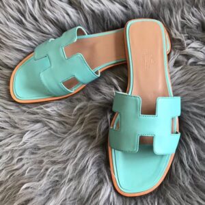 Hermes Oran Slide Sandals In Blue Atoll Swift Calfskin