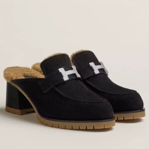 Hermes Flore 60 Mules in Black Suede with Shearling