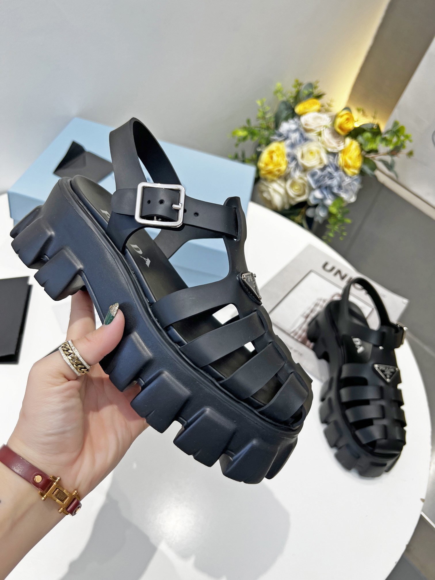 Prada Foam Sandals in Black Rubber - Image 6