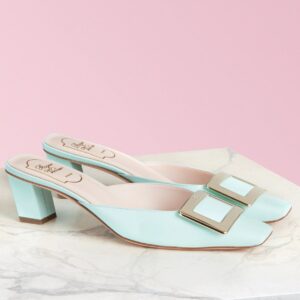 Roger Vivier Belle Vivier Metal Buckle Mules in Blue Patent Leather