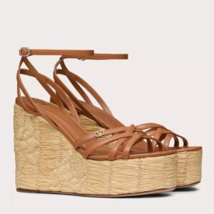 Valentino Raflower Wedge Sandals in Brown Calfskin